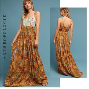 Anthropologie Raga | Parkland Embroidered Peacock Print Maxi Dress